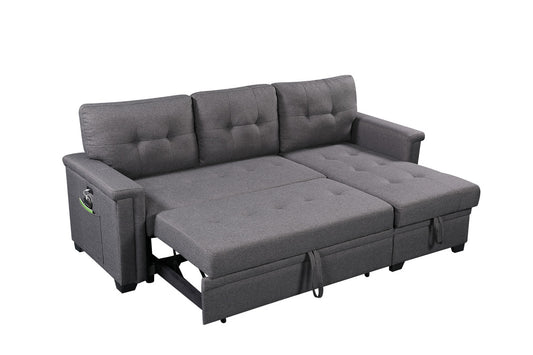 Nathan Dark Gray Reversible Sleeper Sectional, Storage Chaise, Charging Ports