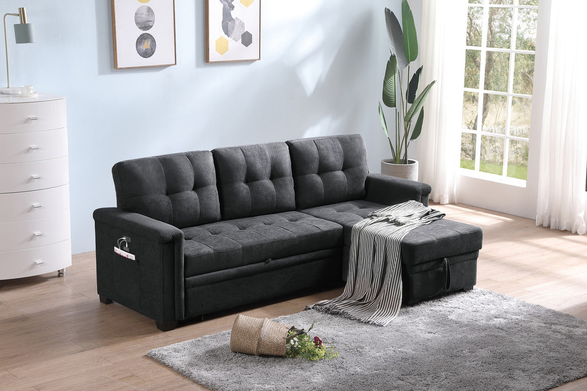 Ashlyn Dark Gray Woven Sleeper Sectional Sofa Chaise, USB Charger, Tablet Pocket