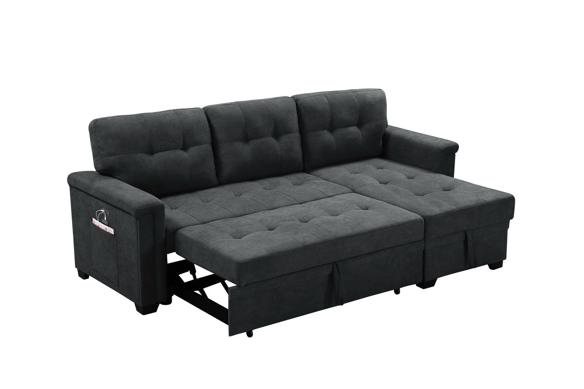 Ashlyn Dark Gray Woven Sleeper Sectional Sofa Chaise, USB Charger, Tablet Pocket