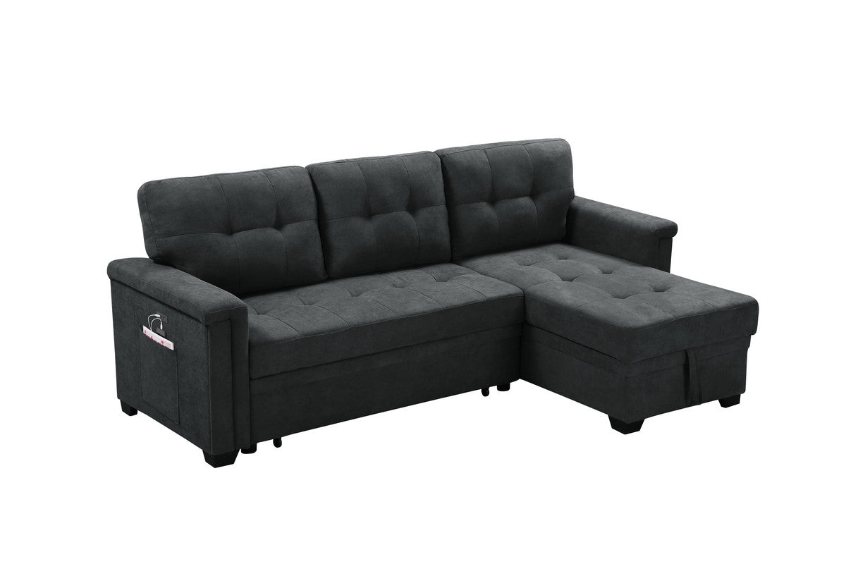 Ashlyn Dark Gray Woven Sleeper Sectional Sofa Chaise, USB Charger, Tablet Pocket