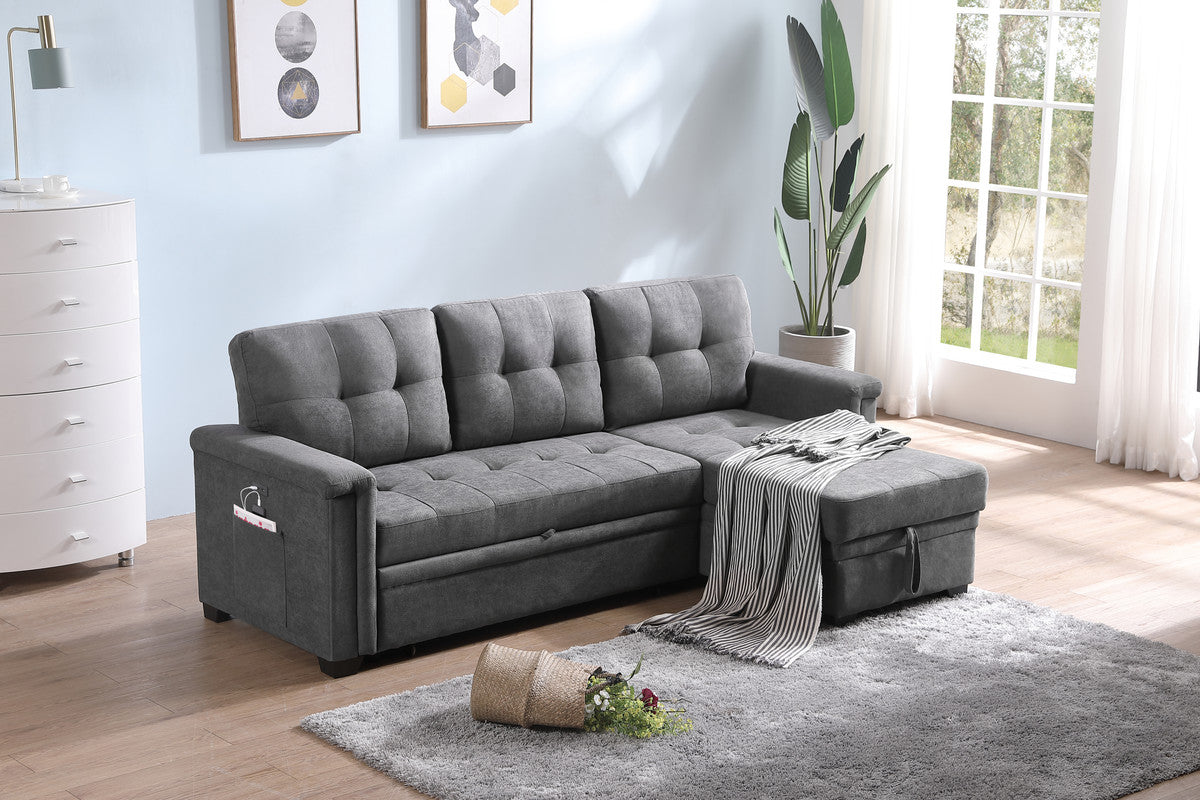 Ashlyn Gray Woven Sleeper Sectional Sofa Chaise with USB Charger, Tablet Pocket