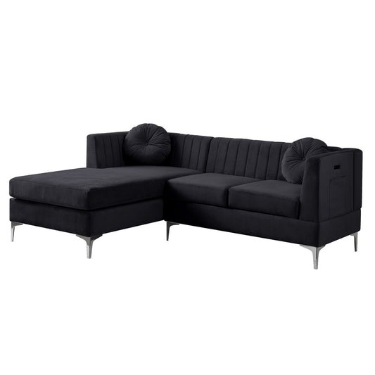 Lilola Home Chloe Black Velvet Sectional Sofa Chaise with USB Charging Port