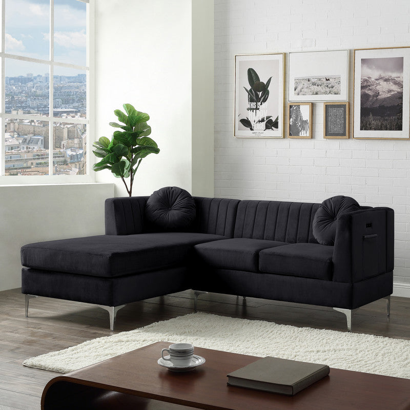 Lilola Home Chloe Black Velvet Sectional Sofa Chaise with USB Charging Port