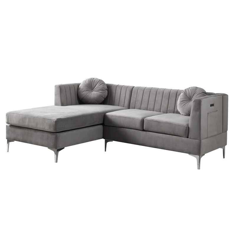 Lilola Home Chloe Gray Velvet Sectional Sofa Chaise with USB Charging Port