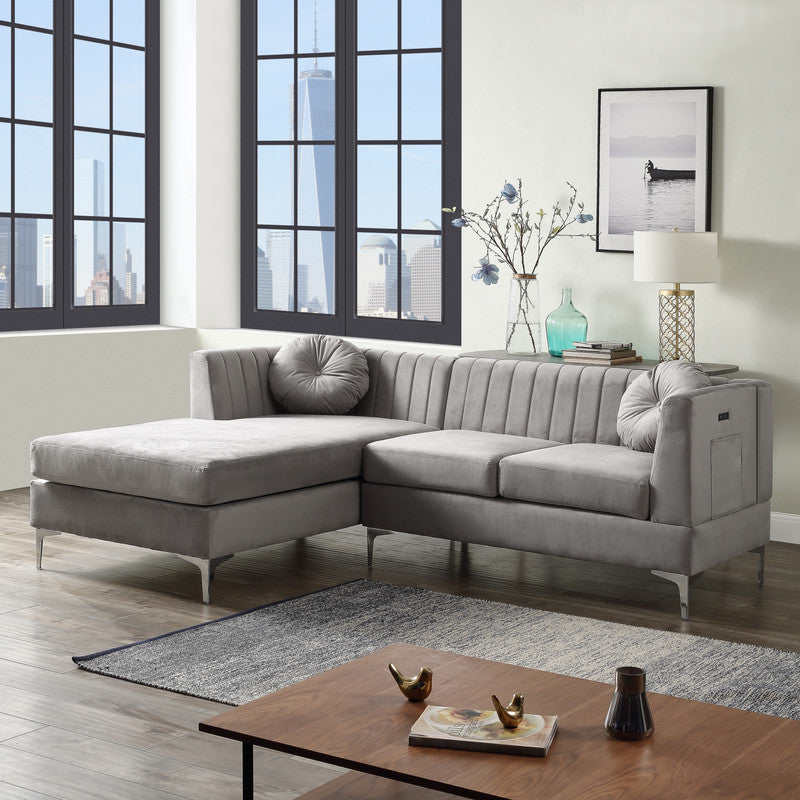 Lilola Home Chloe Gray Velvet Sectional Sofa Chaise with USB Charging Port