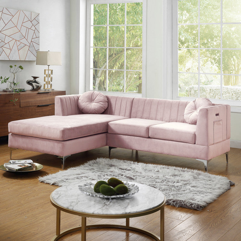 Lilola Home Chloe Pink Velvet Sectional Sofa Chaise with USB Charging Port