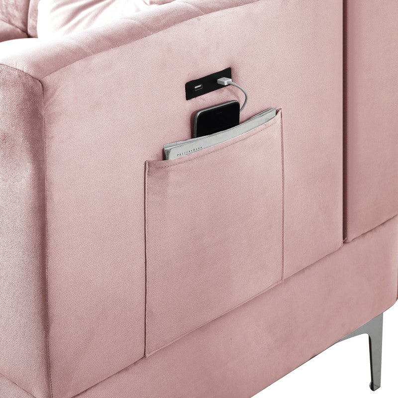 Lilola Home Chloe Pink Velvet Sectional Sofa Chaise with USB Charging Port