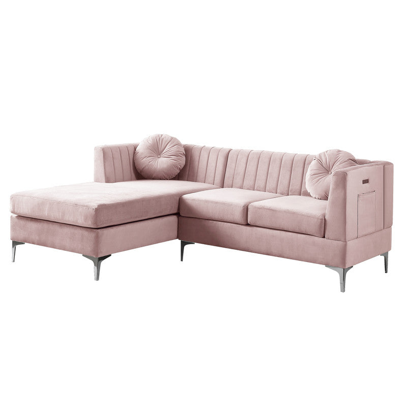 Lilola Home Chloe Pink Velvet Sectional Sofa Chaise with USB Charging Port