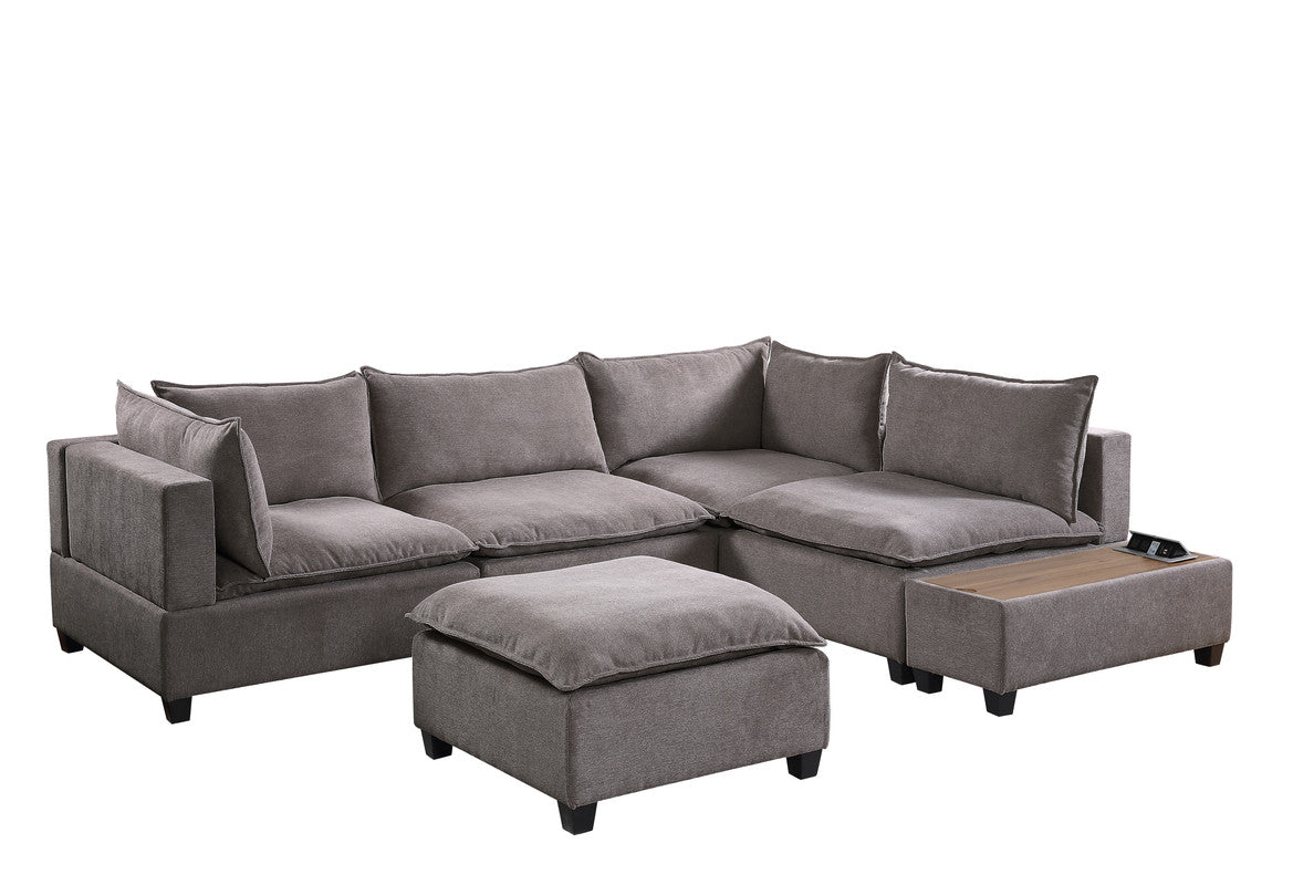 Madison Light Gray 6 Piece Modular Sectional, Ottoman, USB Storage Console Table