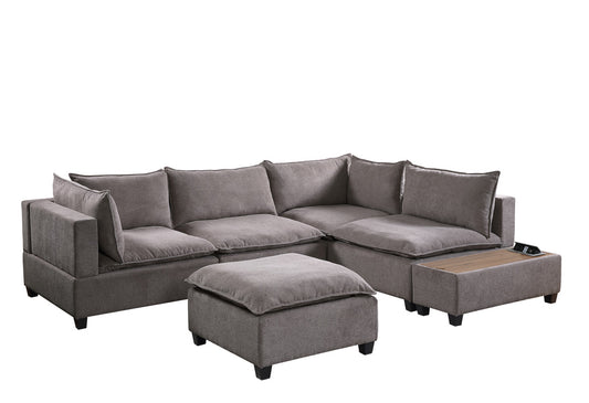 Madison Light Gray 6 Piece Modular Sectional, Ottoman, USB Storage Console Table