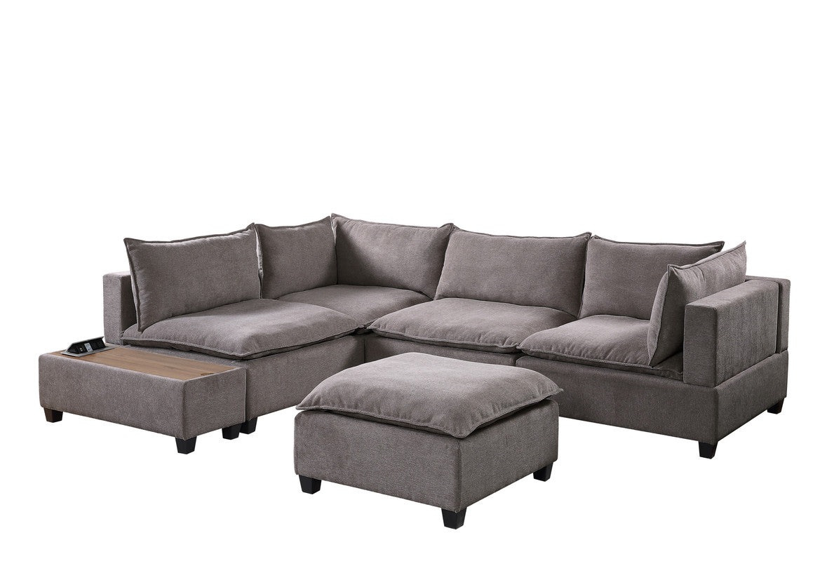 Madison Light Gray 6 Piece Modular Sectional, Ottoman, USB Storage Console Table