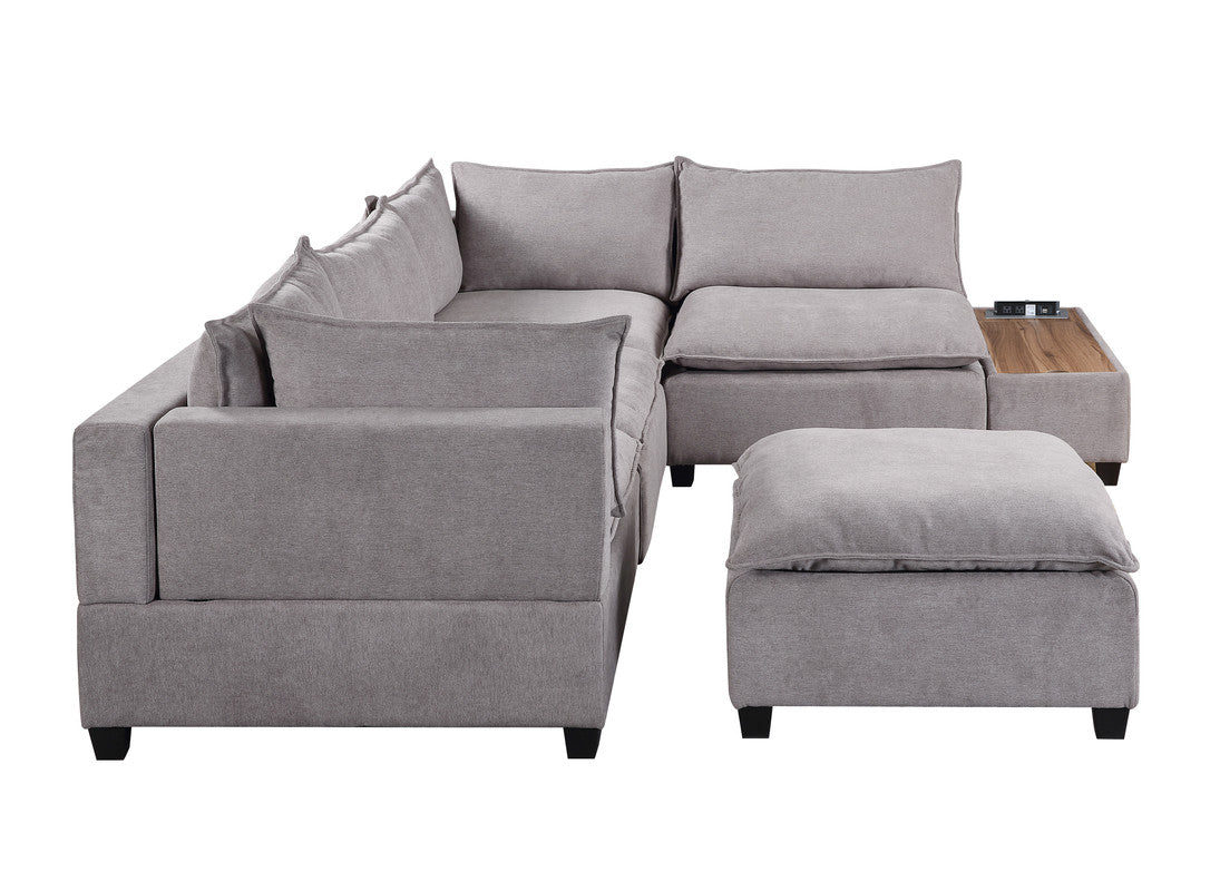 Madison Light Gray 6 Piece Modular Sectional, Ottoman, USB Storage Console Table