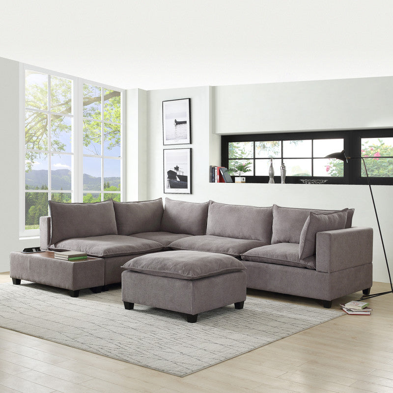 Madison Light Gray 6 Piece Modular Sectional, Ottoman, USB Storage Console Table