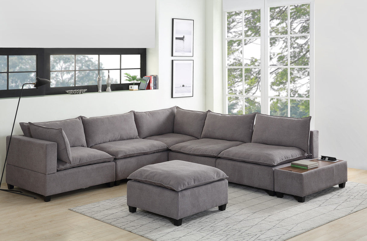 Madison Light Gray 7Pc Modular Sectional, Ottoman, USB Storage Console Table