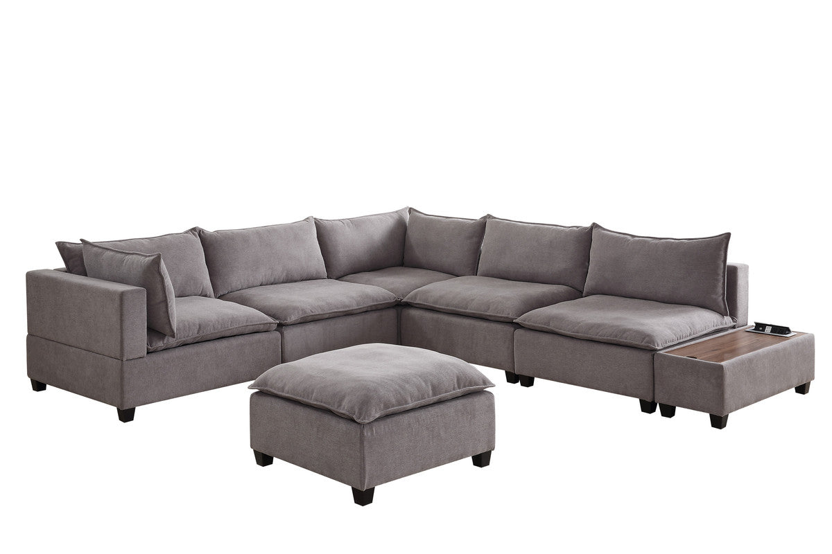 Madison Light Gray 7Pc Modular Sectional, Ottoman, USB Storage Console Table