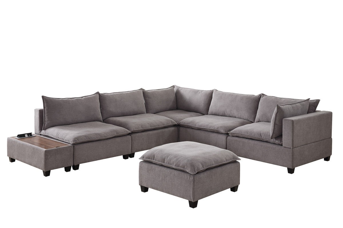 Madison Light Gray 7Pc Modular Sectional, Ottoman, USB Storage Console Table