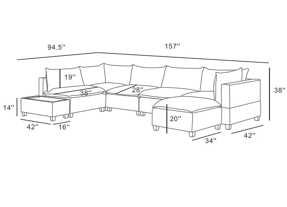Madison Dark Gray 7Pc Modular Sectional Sofa Chaise, USB Storage Console Table