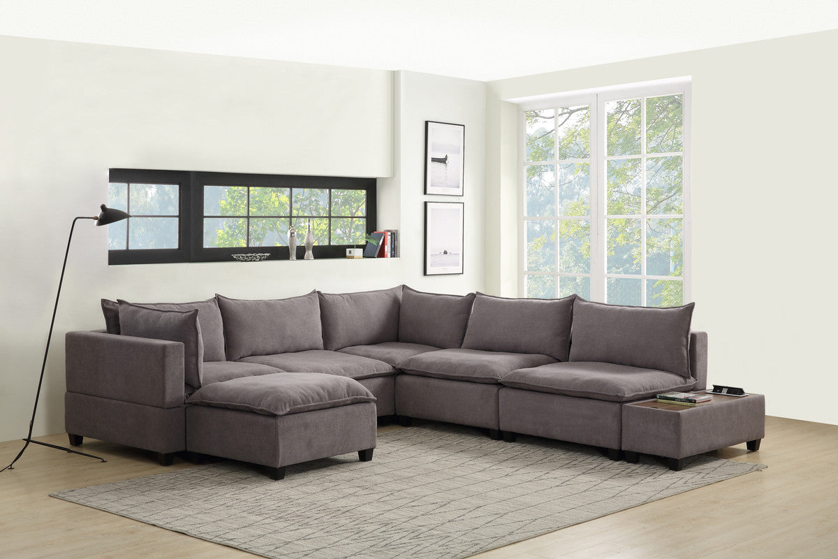 Madison Light Gray 7 Piece Modular Sectional Chaise, USB Storage Console Table