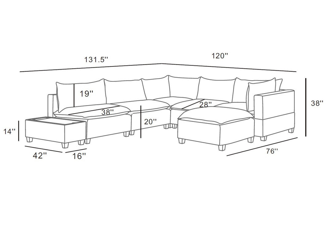 Madison Light Gray 7 Piece Modular Sectional Chaise, USB Storage Console Table