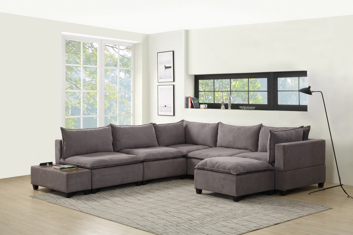 Madison Light Gray 7 Piece Modular Sectional Chaise, USB Storage Console Table
