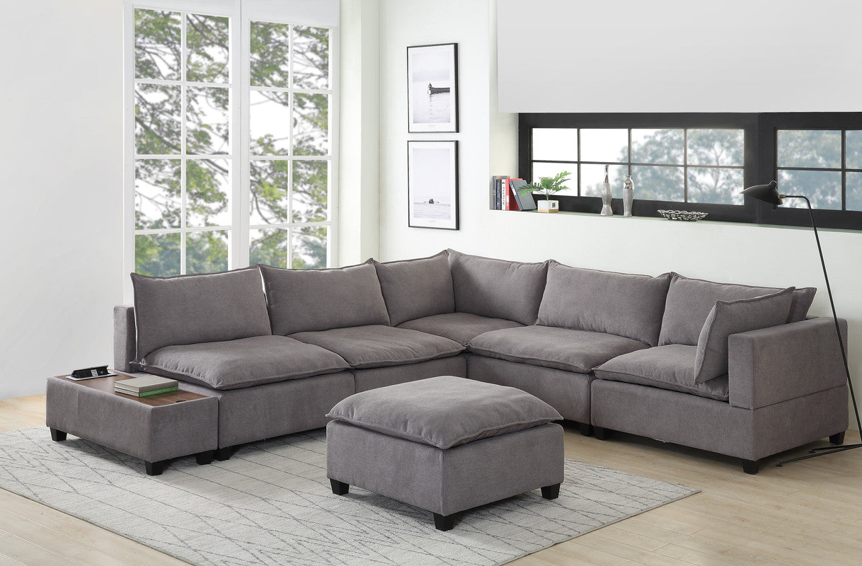 Madison Light Gray 7Pc Modular Sectional, Ottoman, USB Storage Console Table