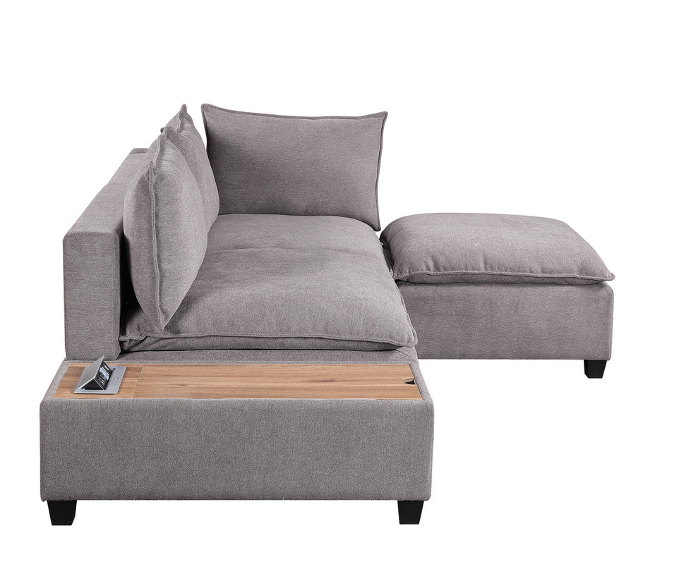 Madison Light Gray Sectional Loveseat Ottoman with USB Storage Console Table