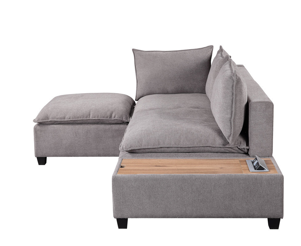 Madison Light Gray Sectional Loveseat Ottoman with USB Storage Console Table
