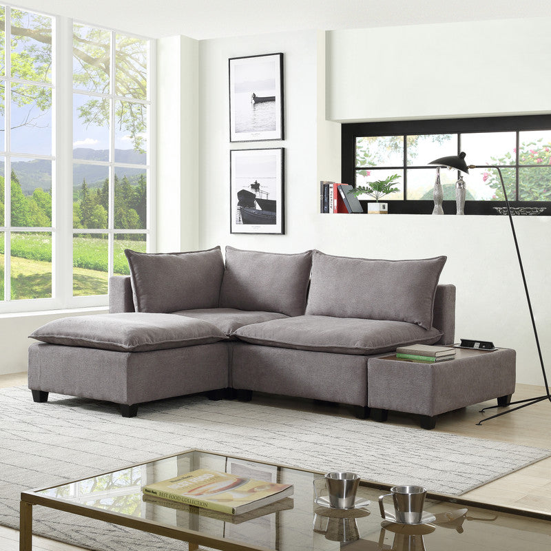 Madison Light Gray Sectional Loveseat Ottoman with USB Storage Console Table