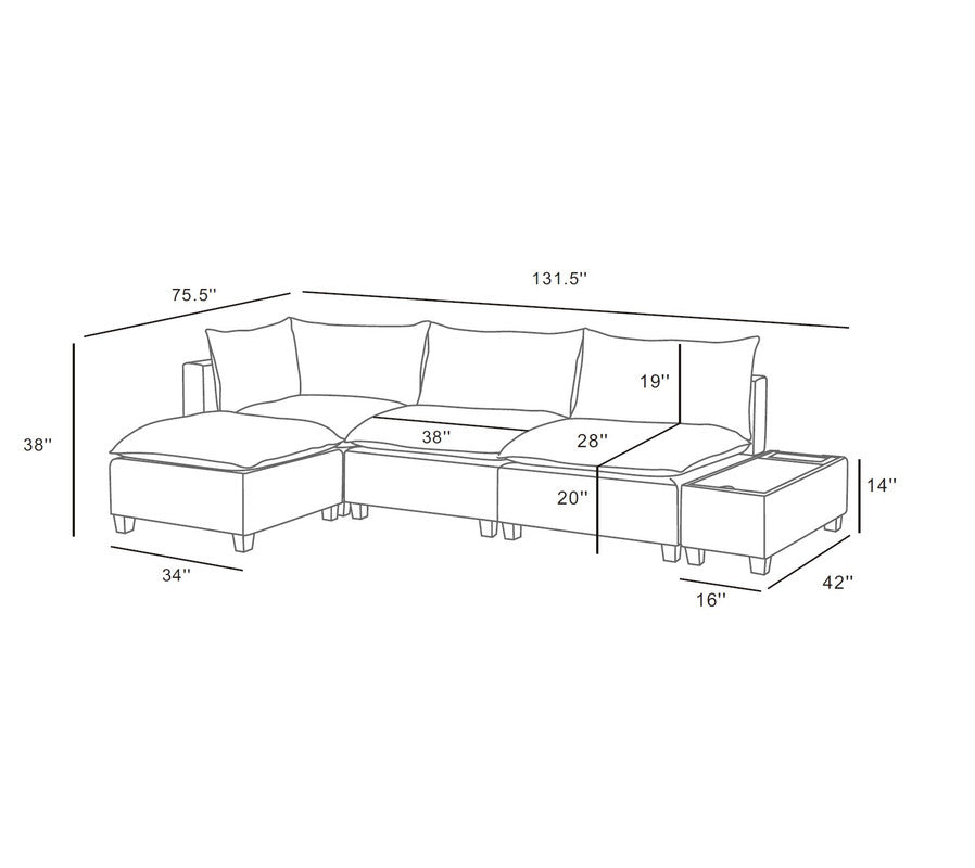 Madison Dark Gray 5 Piece Modular Sectional Ottoman, USB Storage Console Table