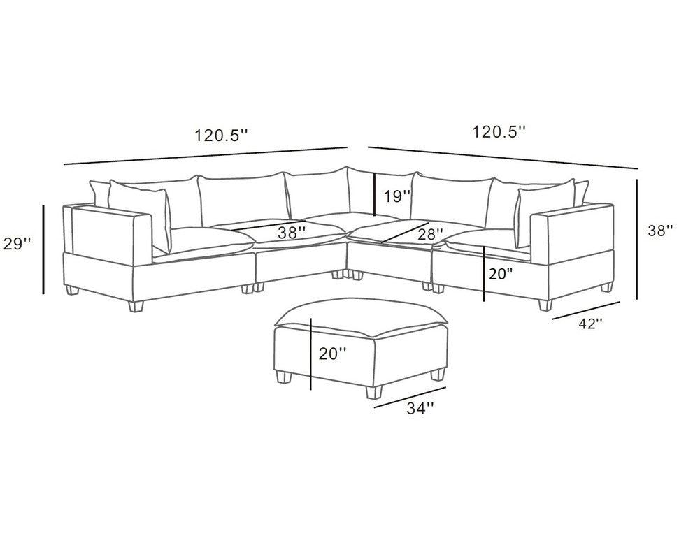 Madison Light Gray Fabric 6 Piece Modular Sectional Sofa with Ottoman