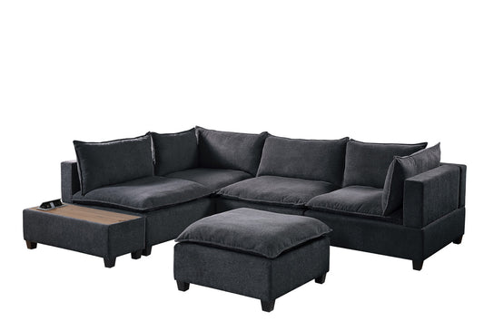 Madison Dark Gray 6 Piece Modular Sectional, Ottoman, USB Storage Console Table