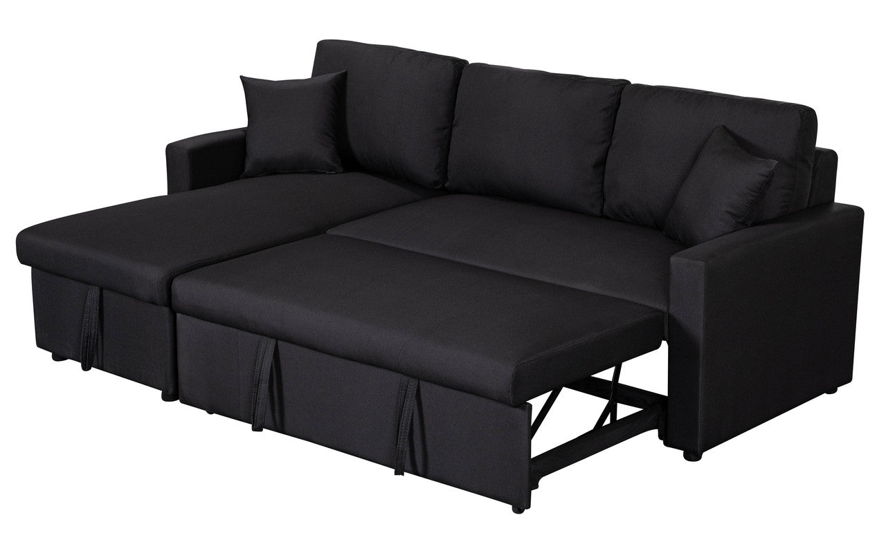 Paisley Black Linen Fabric Reversible Sleeper Sectional Sofa with Storage Chaise