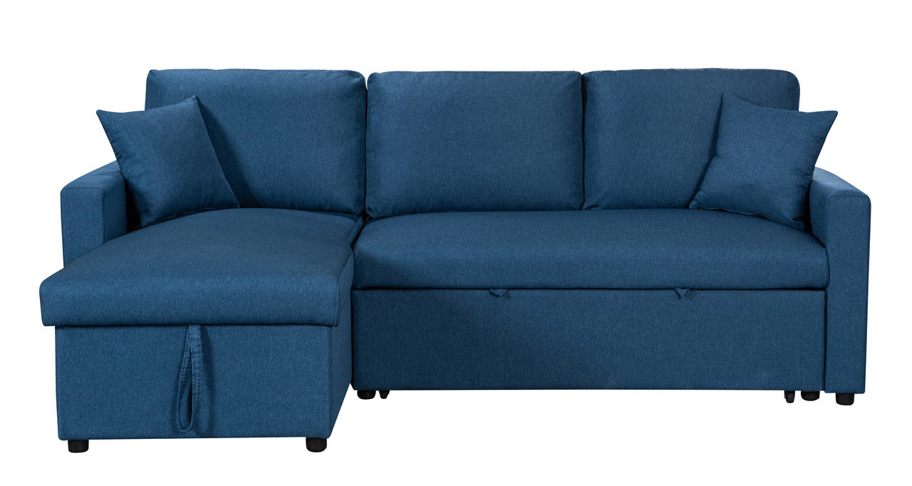 Paisley Blue Linen Fabric Reversible Sleeper Sectional Sofa with Storage Chaise