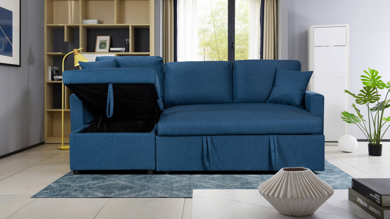 Paisley Blue Linen Fabric Reversible Sleeper Sectional Sofa with Storage Chaise