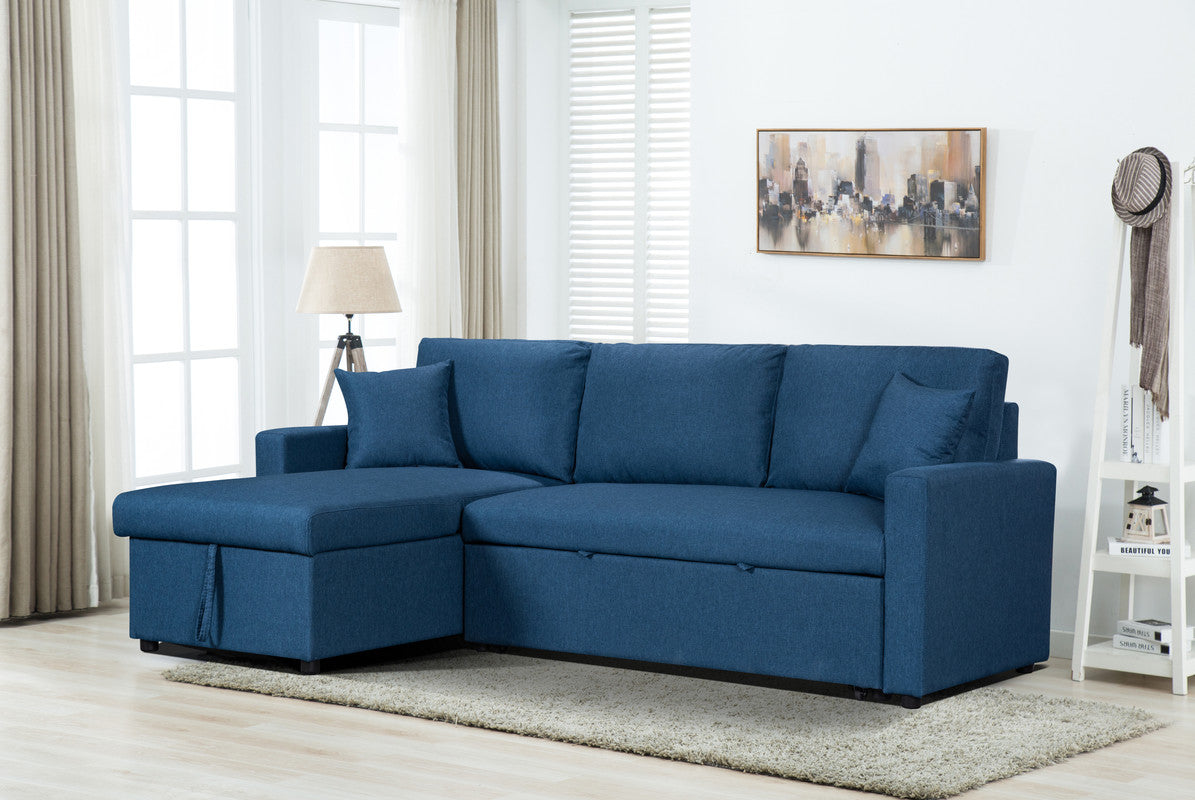 Paisley Blue Linen Fabric Reversible Sleeper Sectional Sofa with Storage Chaise