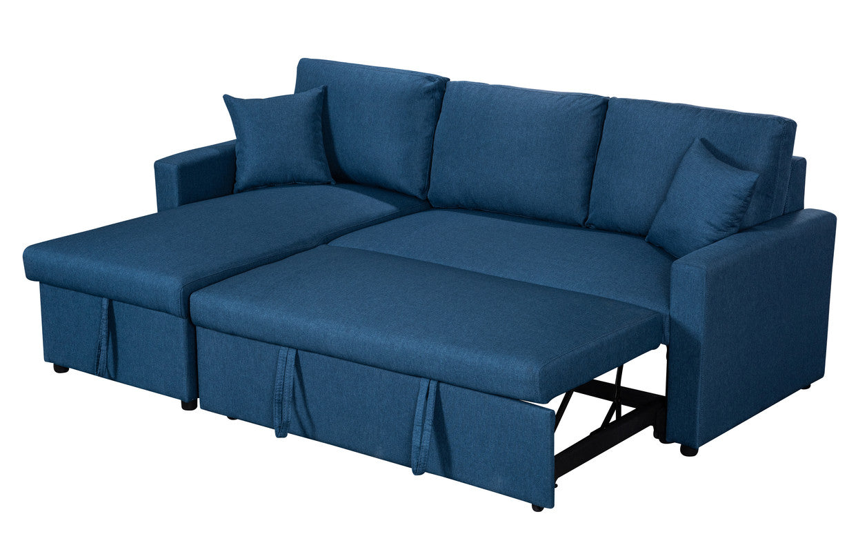 Paisley Blue Linen Fabric Reversible Sleeper Sectional Sofa with Storage Chaise