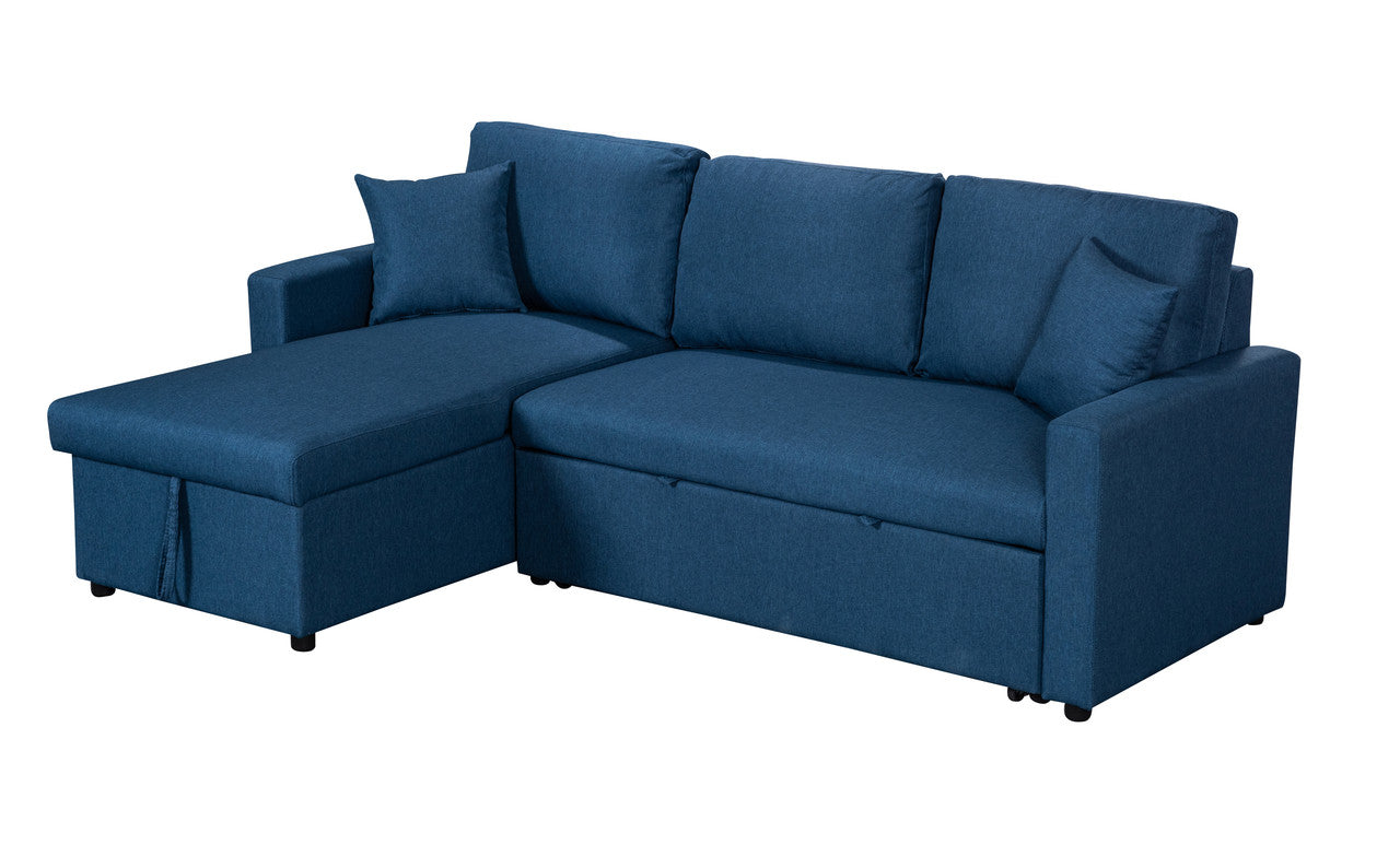 Paisley Blue Linen Fabric Reversible Sleeper Sectional Sofa with Storage Chaise