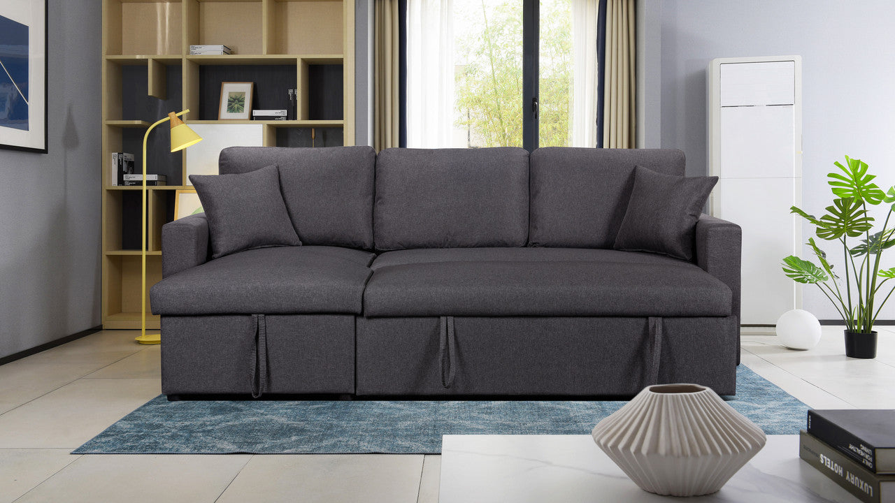 Paisley Dark Gray Linen Reversible Sleeper Sectional Sofa with Storage Chaise