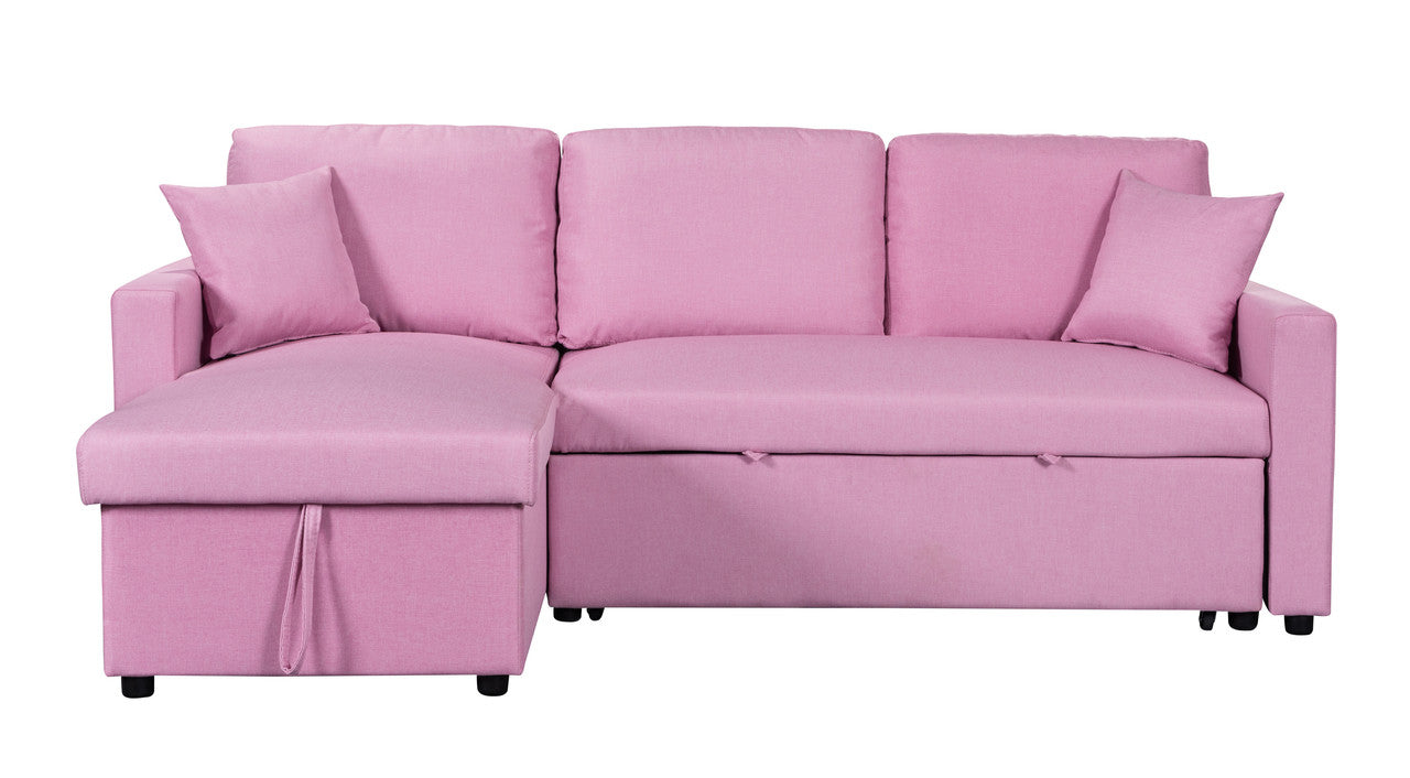 Paisley Pink Linen Fabric Reversible Sleeper Sectional Sofa with Storage Chaise