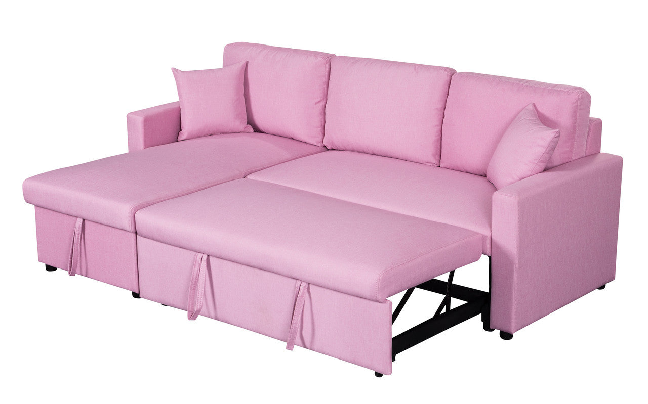 Paisley Pink Linen Fabric Reversible Sleeper Sectional Sofa with Storage Chaise