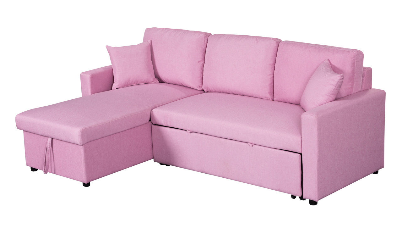 Paisley Pink Linen Fabric Reversible Sleeper Sectional Sofa with Storage Chaise