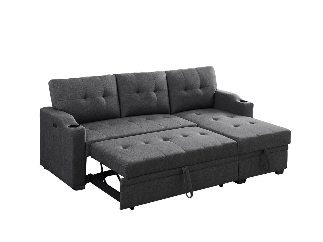 Mabel Dark Gray Linen Sleeper Sectional, cupholder, USB charging port, pocket