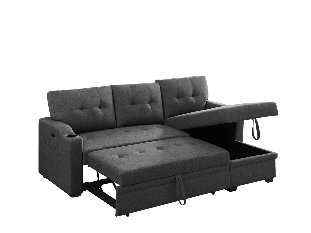 Mabel Dark Gray Linen Sleeper Sectional, cupholder, USB charging port, pocket