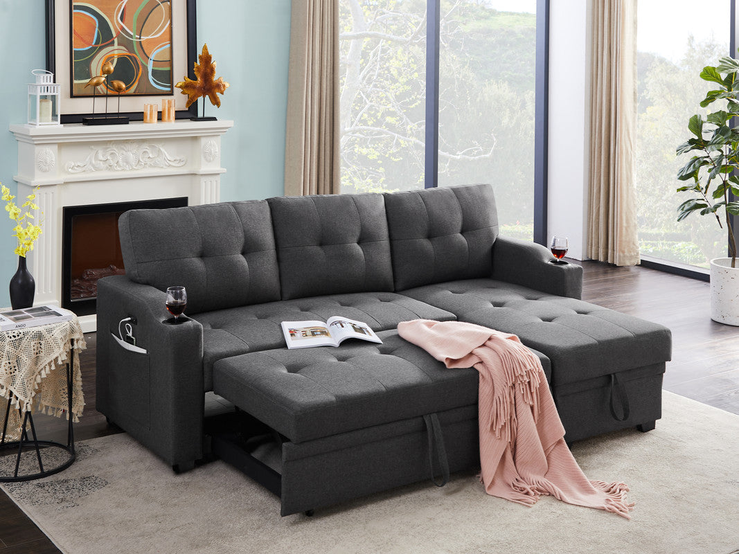 Mabel Dark Gray Linen Sleeper Sectional, cupholder, USB charging port, pocket