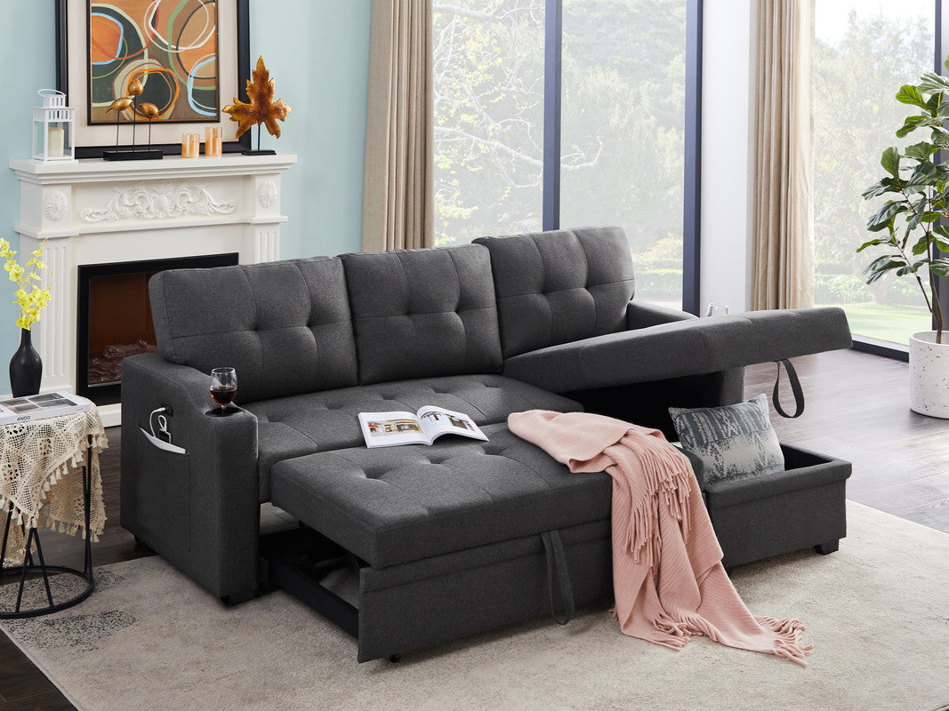 Mabel Dark Gray Linen Sleeper Sectional, cupholder, USB charging port, pocket