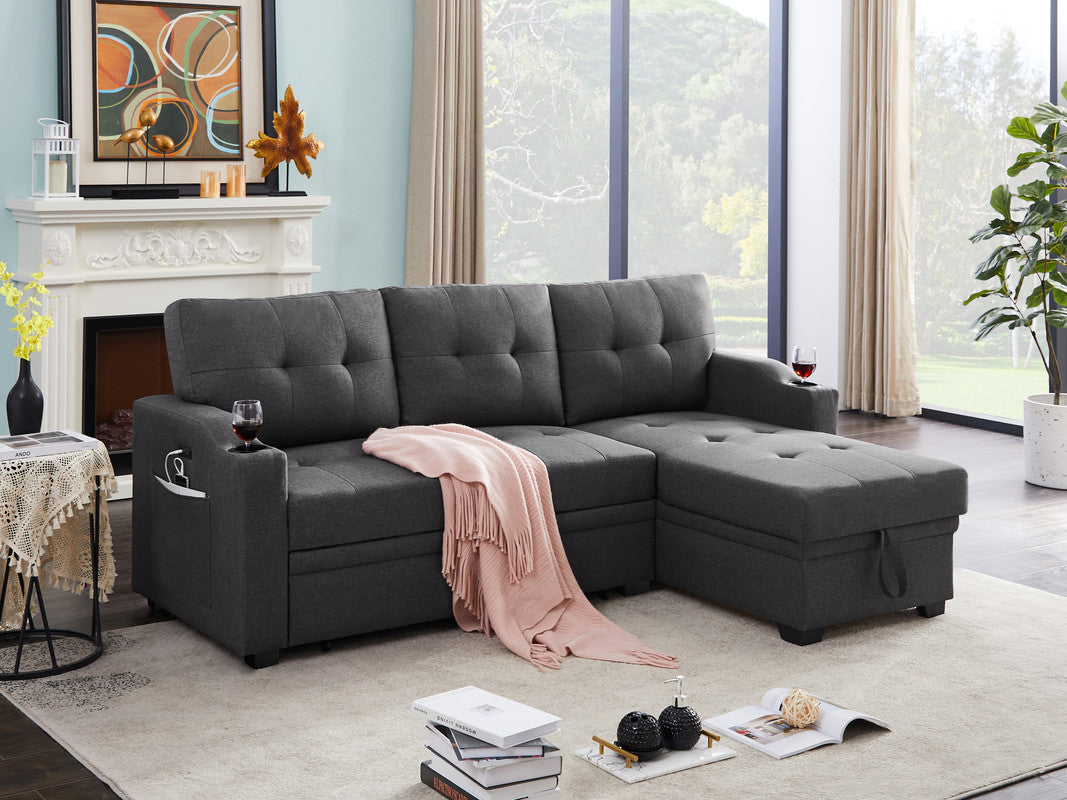 Mabel Dark Gray Linen Sleeper Sectional, cupholder, USB charging port, pocket