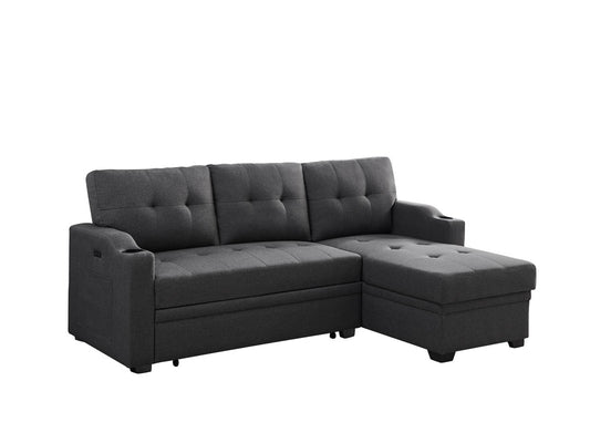 Mabel Dark Gray Linen Sleeper Sectional, cupholder, USB charging port, pocket