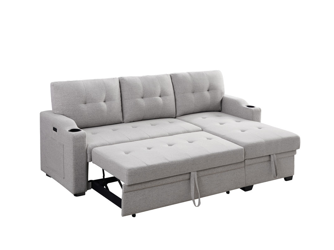 Mabel Light Gray Linen Sleeper Sectional, cupholder, USB charging port, pocket