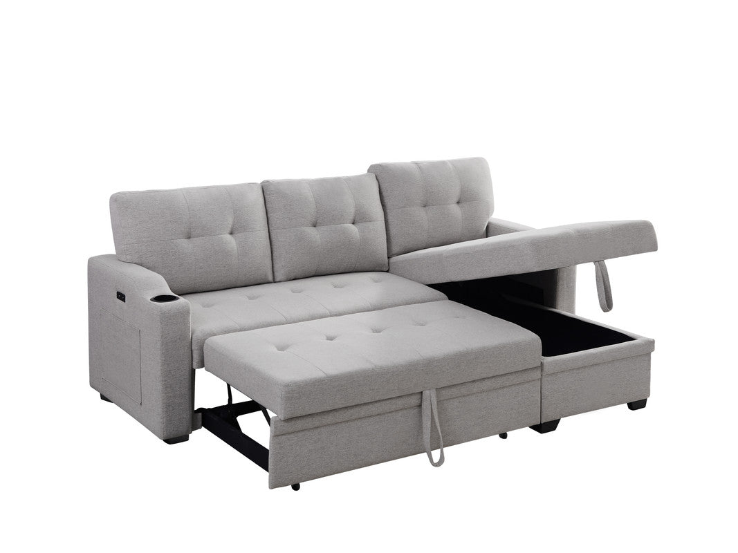 Mabel Light Gray Linen Sleeper Sectional, cupholder, USB charging port, pocket