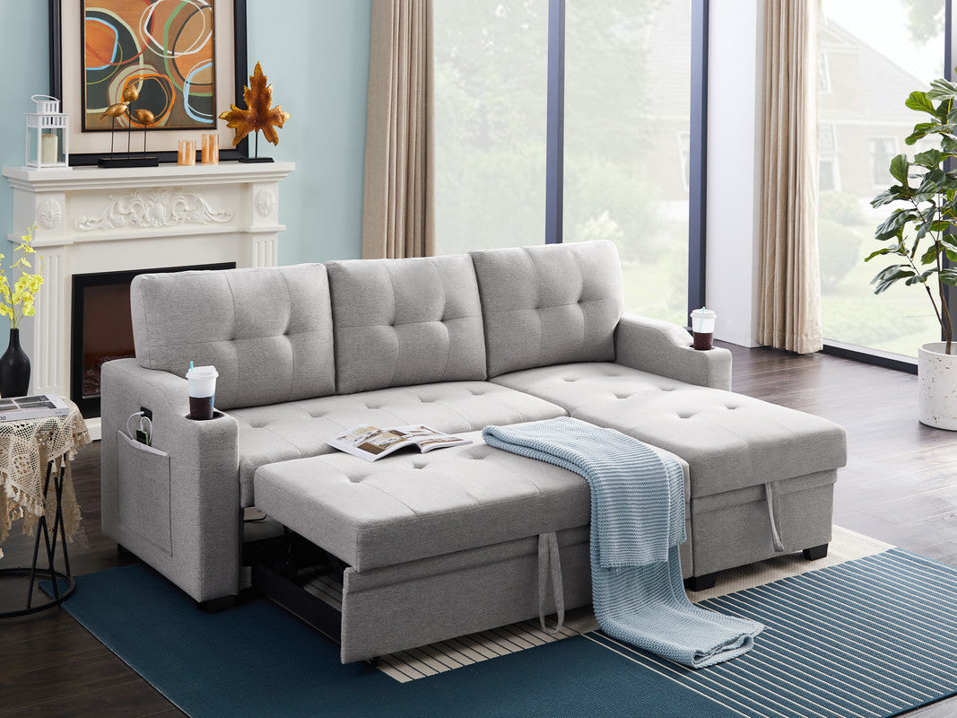 Mabel Light Gray Linen Sleeper Sectional, cupholder, USB charging port, pocket